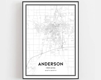 Anderson Karte Druck, Anderson Karte Poster Wandkunst, In Stadt Karte, Indiana Druck Straßenkarte Dekor, Straßenkarte Geschenk, B961