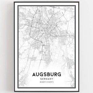 Augsburg Kaart Afdrukken, Augsburg Kaart Poster Wall Art, Augsburg Stadsplattegrond, Augsburg Print Stratenplan Decor, Wegenkaart Cadeau, B467