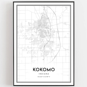 Kokomo Kaart Afdrukken, Kokomo Kaart Poster Wall Art, In Stadsplattegrond, Indiana Print Stratenplan Decor, Wegenkaart Cadeau, B1013