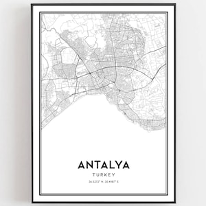 Antalya Kaart Afdrukken, Antalya Kaart Poster Wall Art, Antalya Stadsplattegrond, Antalya Print Stratenplan Decor, Wegenkaart Cadeau, B317