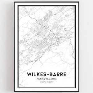 Wilkes-Barre Karte Druck, Wilkes-Barre Karte Poster Wandkunst, Pa Stadt Karte, Pennsylvania Print Straßenkarte Dekor, Straßenkarte Geschenk, B1587