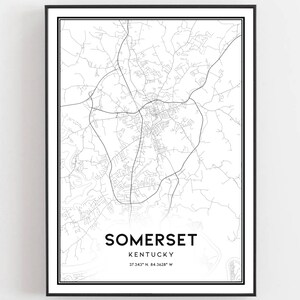 Somerset Kaart Afdrukken, Somerset Kaart Poster Wall Art, Ky Stadsplattegrond, Kentucky Print Stratenplan Decor, Wegenkaart Cadeau, B1918