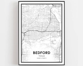 Stampa della mappa di Bedford, poster della mappa di Bedford da appendere al muro, mappa della città del Texas, stampa della mappa stradale del Texas, regalo con mappa stradale