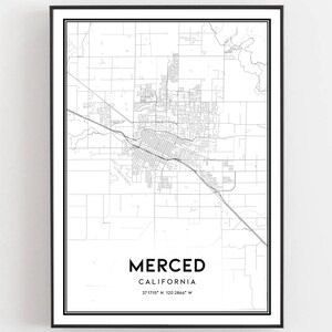 May include: A black and white map print of Merced, California. The map shows the city streets and surrounding area. The text "MERCED, CALIFORNIA 37.1715° N 120.2864° W" is printed at the bottom of the map.