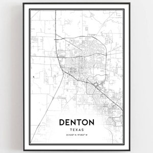 Denton Map Print, Denton Map Poster Wall Art, Tx City Map, Texas Print ...