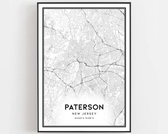 Paterson Map Print, Paterson Map Poster Wall Art, Nj  City Map, New Jersey Print Street Map Decor, Road Map Gift