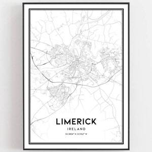 Limerick Karte Druck, Limerick Karte Poster Wandkunst, Limerick Stadtplan, Limerick Print Straßenkarte Dekor, Straßenkarte Geschenk, B933