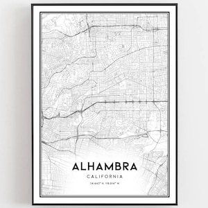 Alhambra Karte Druck, Alhambra Karte Poster Wandkunst, Ca Stadt karte, Kalifornien Print Straßenkarte Dekor, Straßen karte Geschenk, B965