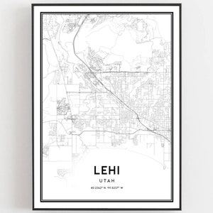 Könnte beinhalten: Schwarz-weiß Druck einer Karte von Lehi, Utah. Die Karte zeigt die Straßen und Wege der Stadt. Der Text "Lehi, Utah" und die Koordinaten "40.2363° N 111.6337° W" sind unter der Karte gedruckt.