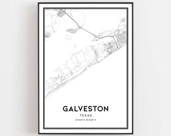 Galveston Map Print, Galveston Map Poster Wall Art, Tx  City Map, Texas Print Street Map Decor, Road Map Gift, B1464