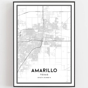 May include: A black and white map of Amarillo, Texas. The map shows the city's streets and neighborhoods. The text "Amarillo, Texas 35.1227° N 101.8498° W" is printed below the map.