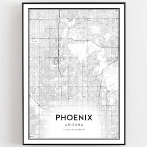 Phoenix Kaart Afdrukken, Phoenix Kaart Poster Wall Art, Az Stadsplattegrond, Arizona Print Stratenplan Decor, Wegenkaart Cadeau, B67