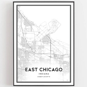 East Chicago Kaart Afdrukken, East Chicago Kaart Poster Wall Art, In Stadsplattegrond, Indiana Print Stratenplan Decor, Wegenkaart Cadeau, B1973
