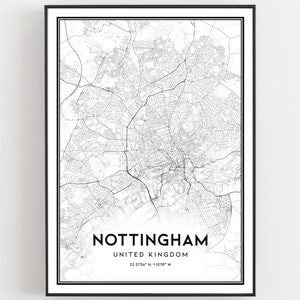 Nottingham Kaart Afdrukken, Nottingham Kaart Poster Wall Art, Nottingham Stadsplattegrond, Nottingham Print Stratenplan Decor, Wegenkaart Cadeau