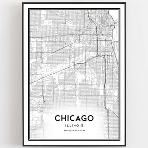 Chicago Kaart Afdrukken, Chicago Kaart Poster Wall Art, Il Stadsplattegrond, Illinois Print Stratenplan Decor, Wegenkaart Cadeau, B24