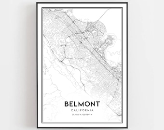 May include: A black and white map of Belmont, California. The map shows the city's streets and landmarks. The text "BELMONT, CALIFORNIA 37.3064° N 122.1754° W" is printed at the bottom of the map.