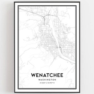Wenatchee Kaart Afdrukken, Wenatchee Kaart Poster Wall Art, Wa Stadsplattegrond, Washington Print Stratenplan Decor, Wegenkaart Cadeau, B1097