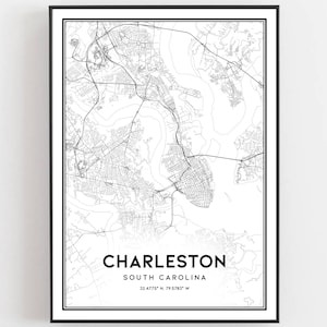 Charleston Kaart Afdrukken, Charleston Kaart Poster Wall Art, Sc Stadsplattegrond, South Carolina Print Stratenplan Decor, Wegenkaart Cadeau, B357