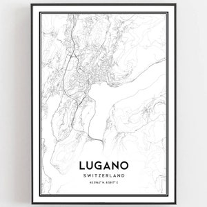 Lugano Karte Druck, Lugano Karte Poster Wandkunst, Lugano Stadt karte, Lugano Print Straßen karte Dekor, Road Map Geschenk, B849