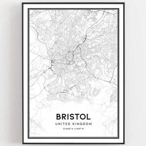 Bristol Kaart Afdrukken, Bristol Kaart Poster Wall Art, Bristol Stadsplattegrond, Bristol Print Stratenplan Decor, Wegenkaart Cadeau, B375