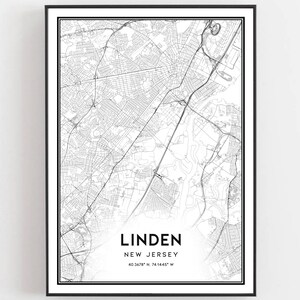Linden Kaart Afdrukken, Linden Kaart Poster Wall Art, Nj Stadsplattegrond, New Jersey Print Stratenplan Decor, Wegenkaart Cadeau, B1546