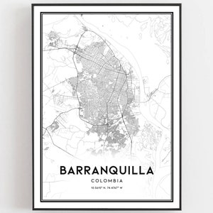 May include: Black and white map print of Barranquilla, Colombia. The map shows the city streets and surrounding area. The city name and coordinates are printed below the map.