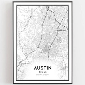 Austin Kaart Afdrukken, Austin Kaart Poster Wall Art, Tx Stadsplattegrond, Texas Print Stratenplan Decor, Wegenkaart Cadeau, B181