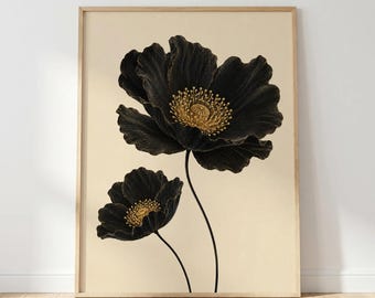 Estampado de amapola negra, arte mural floral dorado, póster botánico minimalista