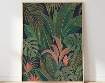 Póster con estampado de hojas tropicales, arte mural botánico de la selva, color verde oscuro.