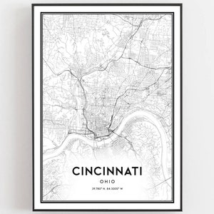 Impressão de mapa de Cincinnati, arte de parede do mapa de Cincinnati, mapa da cidade de Oh, decoração de mapa de ruas de impressão de Ohio, presente de mapa de estradas, B180