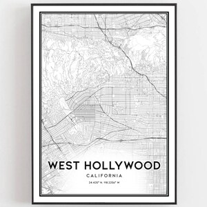 West Hollywood Karte Druck, West Hollywood Karte Poster Wandkunst, Ca Stadt Karte, Kalifornien Print Straßen karte Dekor, Straßen karte Geschenk, B1690