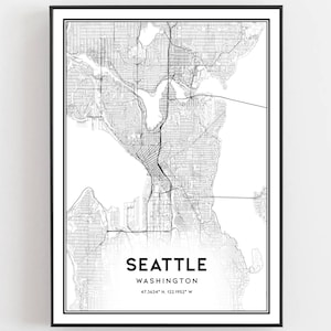 Seattle Kaart Afdrukken, Seattle Kaart Poster Wall Art, Wa Stadsplattegrond, Washington Print Stratenplan Decor, Wegenkaart Cadeau, B78