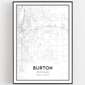 Burton Kaart Afdrukken, Burton Kaart Poster Wall Art, Mi Stadsplattegrond, Michigan Print Stratenplan Decor, Wegenkaart Cadeau