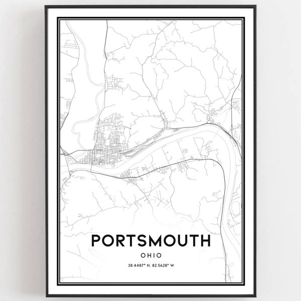 Portsmouth Map Print, Portsmouth Map Poster Wall Art, Oh  City Map, Ohio Print Street Map Decor, Road Map Gift, B1695