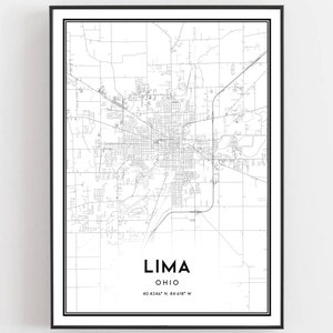 Lima Kaart Afdrukken, Lima Kaart Poster Wall Art, Oh Stadskaart, Ohio Print Stratenplan Decor, Wegenkaart Cadeau, B1109