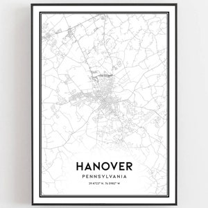 Hannover Karte Druck, Hannover Karte Poster Wandkunst, Pa Stadt karte, Pennsylvania Print Straßenkarte Dekor, Straßen karte Geschenk, B1142