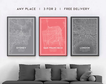 Custom Map Prints, Set of 3, Any Location, 3 for 2 Offer, Map Print Poster, City Print, City Map, Map Print, Custom Maps