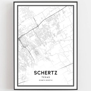Schertz Karte Druck, Schertz Karte Poster Wandkunst, Tx Stadt karte, Texas Print Straßenkarte Dekor, Straßen karte Geschenk, B1626
