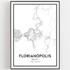 May include: Black and white map print of Florianópolis, Brazil, framed in a black border. The map details the city's layout, including roads and waterways. The city name and country are displayed in a clean, modern font at the bottom, along with the coordinates.