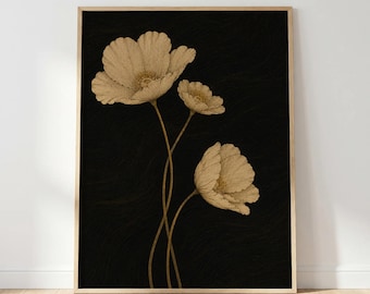 Estampado de amapolas doradas, arte mural botánico negro, póster floral minimalista