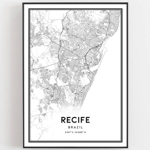 Recife Karte Druck, Recife Karte Poster Wandkunst, Recife Stadtplan, Recife Print Straßenkarte Dekor, Straßen karte Geschenk, B75