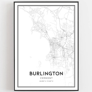 Burlington Kaart Print, Burlington Kaart Poster Wall Art, Vt Stadsplattegrond, Vermont Print Stratenplan Decor, Routekaart Cadeau, B835
