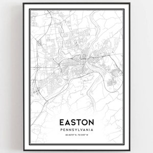 Easton Kaart Afdrukken, Easton Kaart Poster Wall Art, Pa Stadsplattegrond, Pennsylvania Print Stratenplan Decor, Wegenkaart Cadeau, B2037