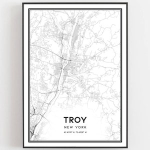Troy Karte Druck, Troy Karte Poster Wandkunst, Ny Stadt Karte, New York Print Straßenkarte Dekor, Straßen karte Geschenk, B1391