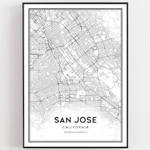 San Jose Kaart Afdrukken, San Jose Kaart Poster Wall Art, Ca Stadsplattegrond, Californië Print Stratenplan Decor, Wegenkaart Cadeau, B163