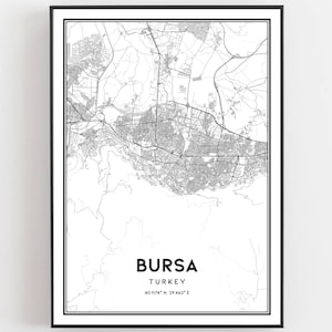 Bursa Kaart Print, Bursa Kaart Poster Wall Art, Bursa Stadsplattegrond, Bursa Print Stratenplan Decor, Routekaart Cadeau, B196