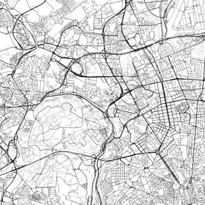 K&ouml;nnte beinhalten: Eine Schwarzwei&szlig;-Luftbildkarte einer Stadt mit einem gro&szlig;en Park im Zentrum. Die Karte zeigt Stra&szlig;en, Geb&auml;ude und andere Merkmale der Stadt.