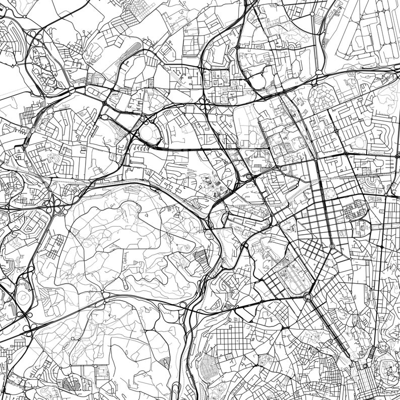 K&ouml;nnte beinhalten: Eine Schwarzwei&szlig;-Luftbildkarte einer Stadt mit einem gro&szlig;en Park im Zentrum. Die Karte zeigt Stra&szlig;en, Geb&auml;ude und andere Merkmale der Stadt.