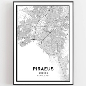 Piraeus Kaart Afdrukken, Piraeus Kaart Poster Wall Art, Piraeus Stadsplattegrond, Piraeus Print Stratenplan Decor, Routekaart Cadeau