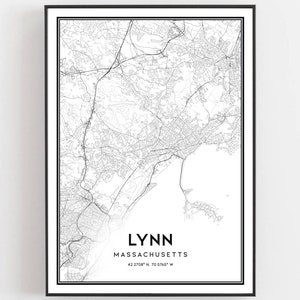 Lynn Map Print, Lynn Map Poster Wall Art, Ma  City Map, Massachusetts Print Street Map Decor, Road Map Gift, B914